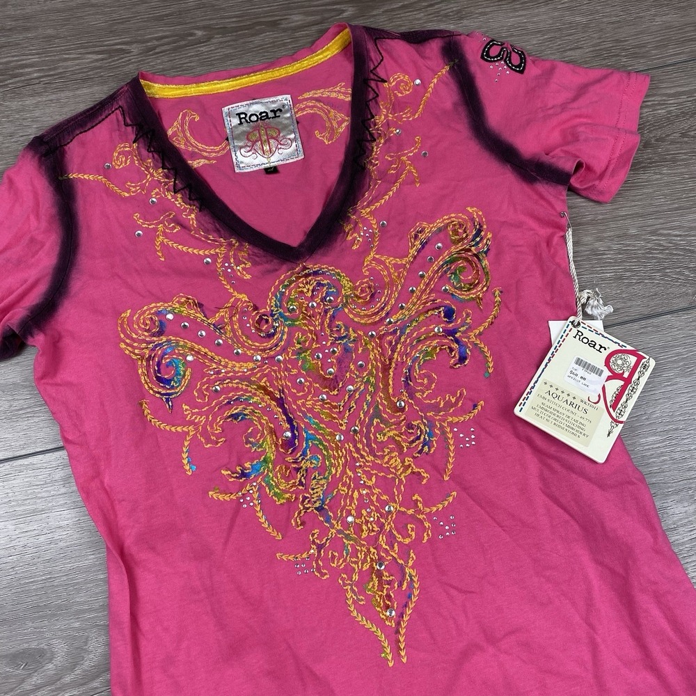 Roar Women's Embellished Embroidered Short Sleeve Shirt Aquarius Pink XL New